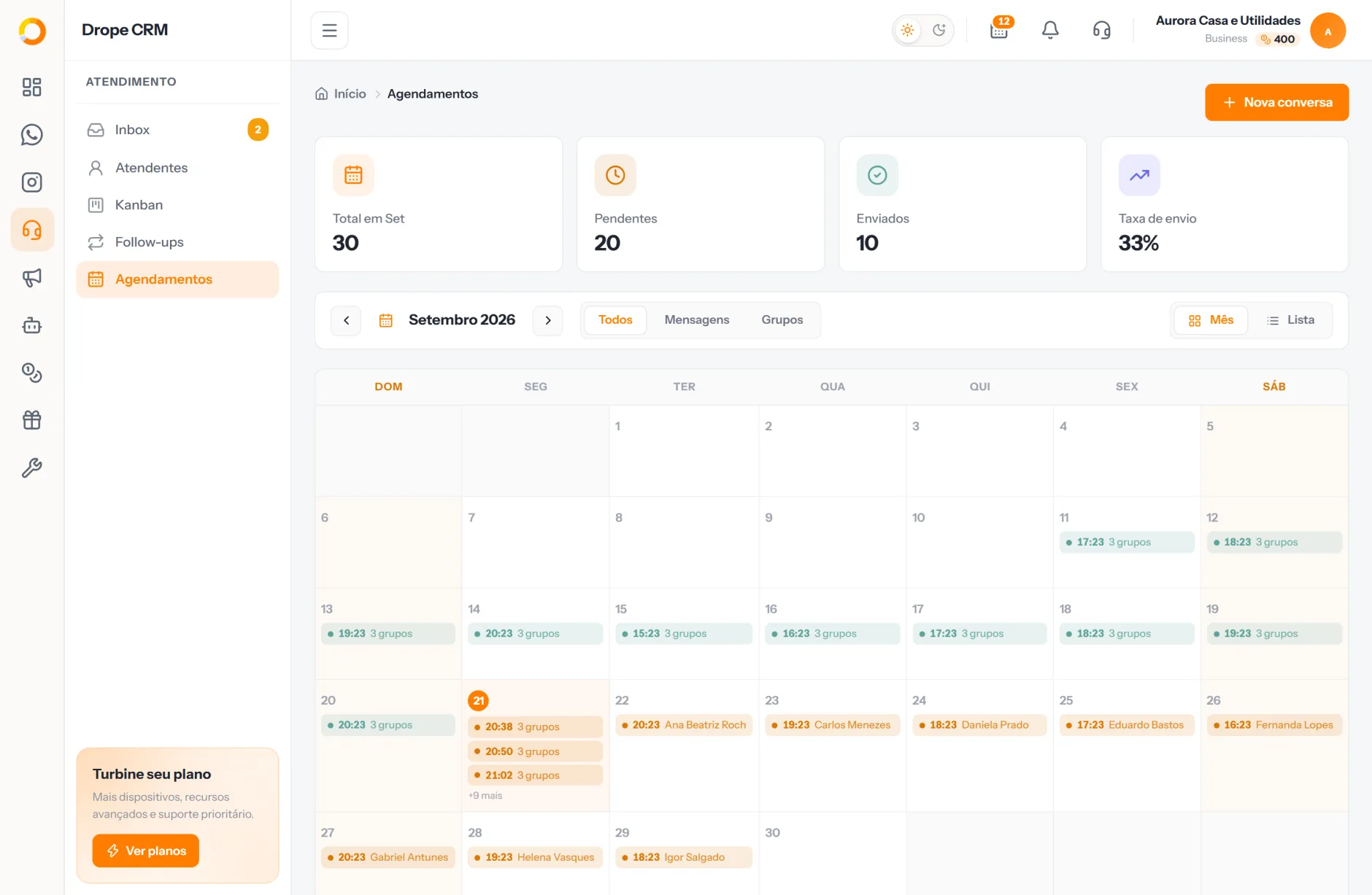 Calendário de mensagens agendadas para os próximos dias